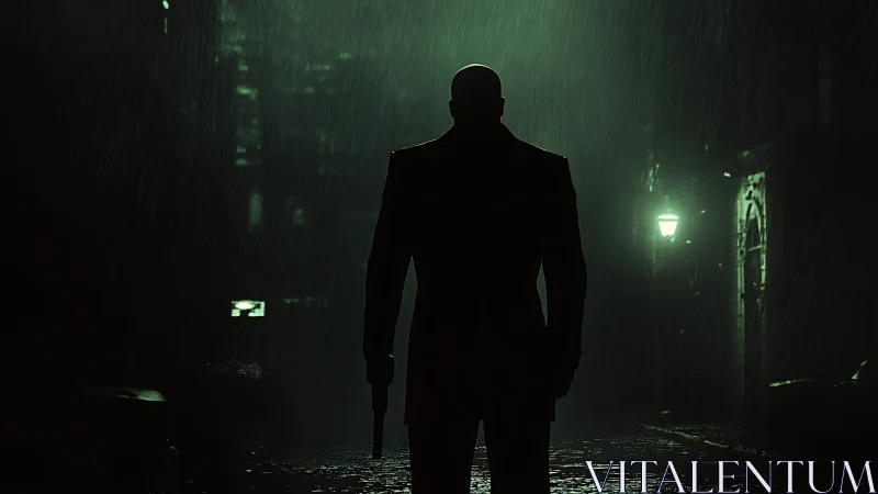 Silhouetted armed figure stands in rainy green-lit alley
