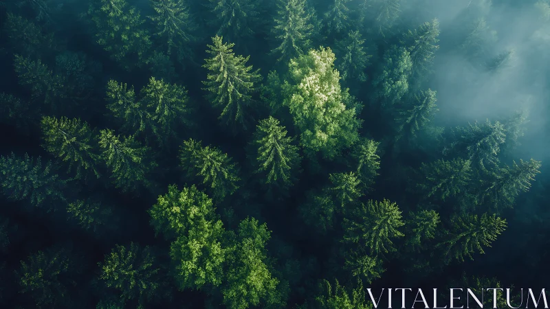 Lush Forest Canopy in Morning Mist, Aerial Photography Style.
