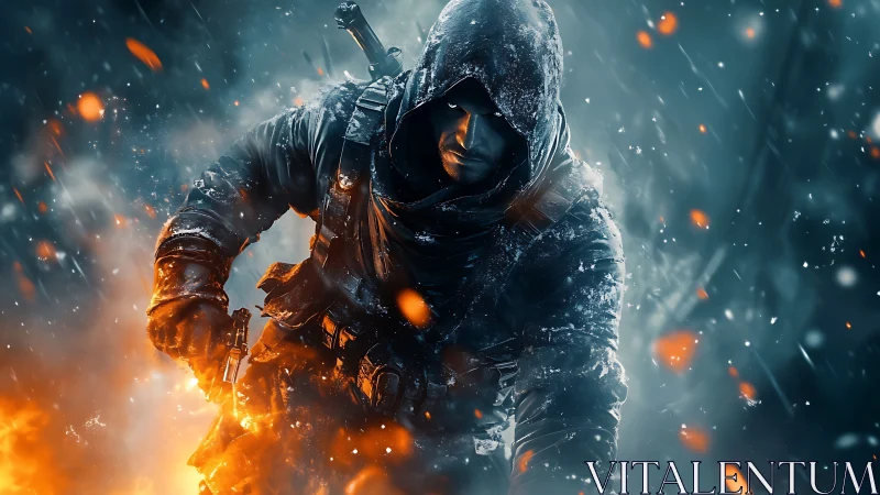Hooded tactical operative in frozen-fire battlefield environment