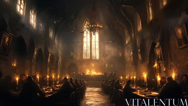 Medieval candlelit hall with cloaked figures at long tables.