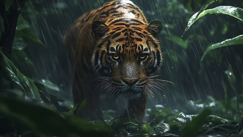 Tiger stalks through rain soaked jungle under moody light.