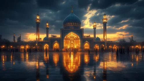 Golden mosque courtyard glowing softly at dramatic sunset.