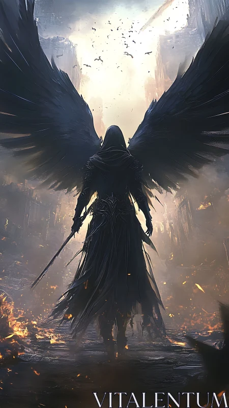 Dark winged figure dominates apocalyptic corridor of light