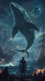 Colossal bioluminescent whale breaches above burning warships at night