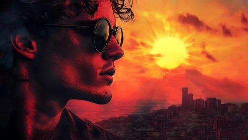 Backlit cityscape portrait under saturated red sunset sky