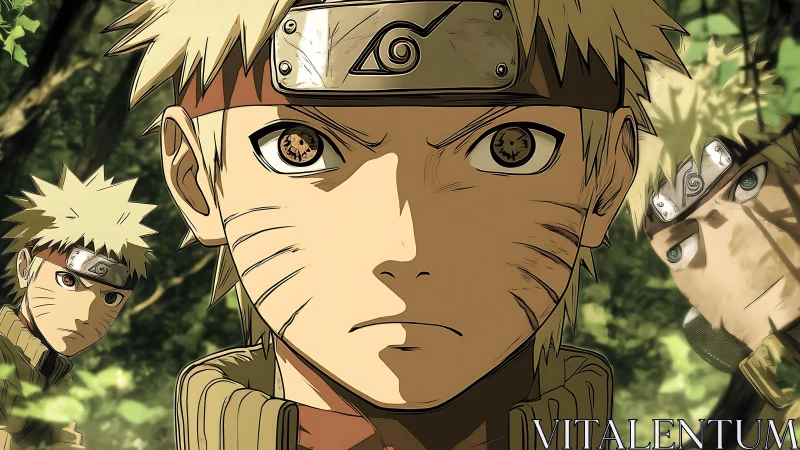 Leaf-shadowed ninja trio burns with unshakable resolve.