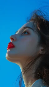 Upward-angled portrait under saturated cyan sky illumination.