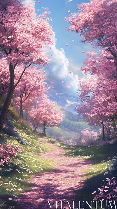 Cherry blossom path under bright spring sky artwork.