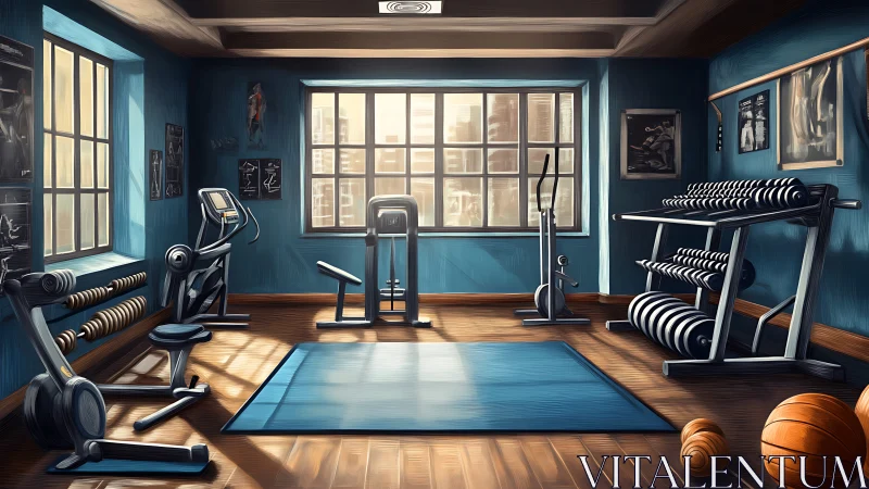 Morning light choreographs still gym machines into calm focus