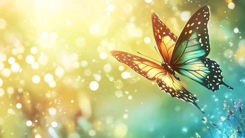 Butterfly with multicolored wings flies through glowing bokeh light