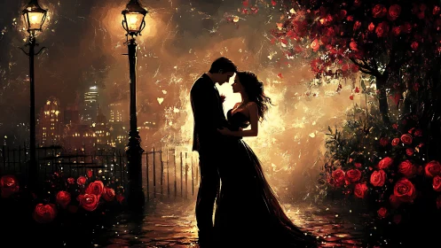 Silhouetted Couple Embracing Amid Nocturnal Urban Landscape with Luminous Atmospheric Effects.