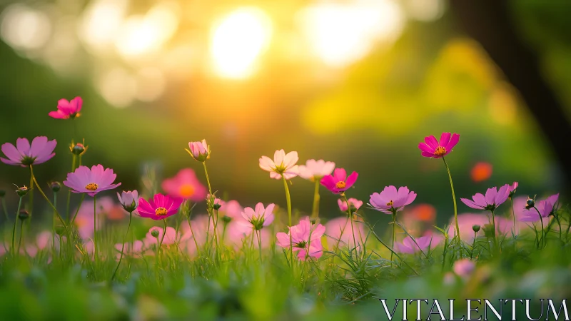 Cosmos Flower Meadow at Golden Hour with Selective Focus Rendering.