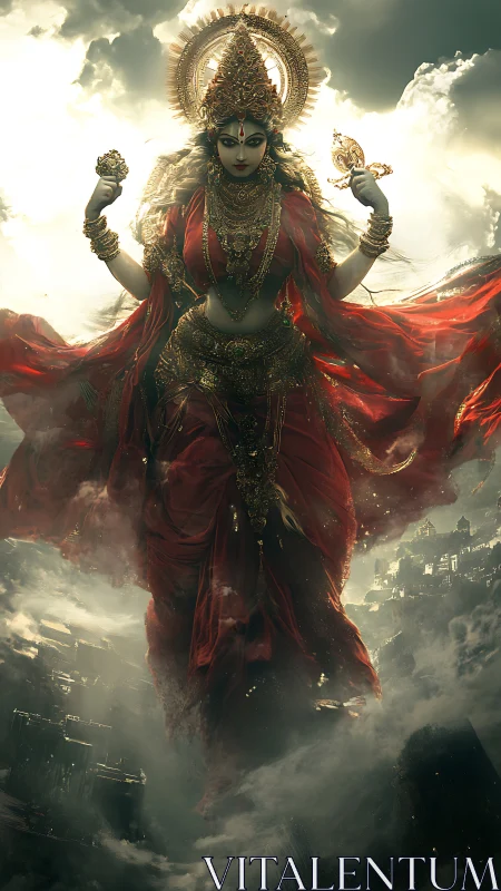Divine warrior goddess ascends above storm-lit ruins in red.