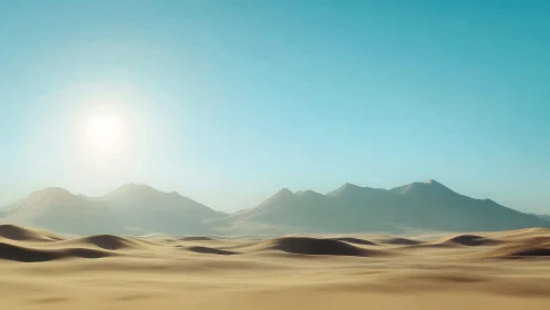 Sunlit desert dunes before distant hazy mountain ridge.