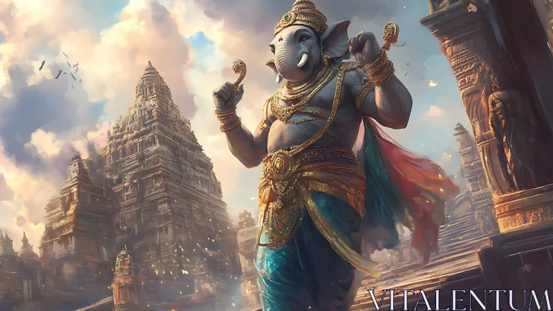 Colossal Ganesha deity strides through sunlit Dravidian temple complex