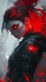 Red-eyed cyber warrior in dynamic digital portrait.