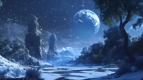 Moonlit alien river valley under a crystalline blue world.