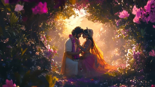 Romantic couple in enchanted flower garden at sunset.