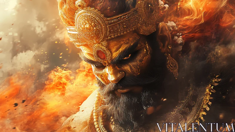 Fiery warrior demigod with ornate golden crown in flames.