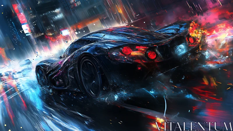 Neon hypercar slices through rain‑soaked cyber city streets.