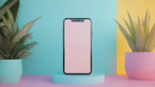 Smartphone stands between plants over pastel gradient set