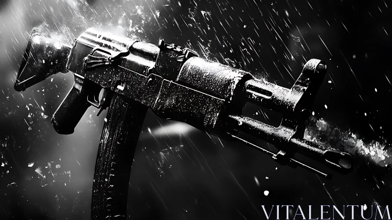 Assault rifle silhouette in monochrome rain burst motion.