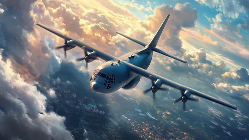 Military transport aircraft flies above clouds at sunset