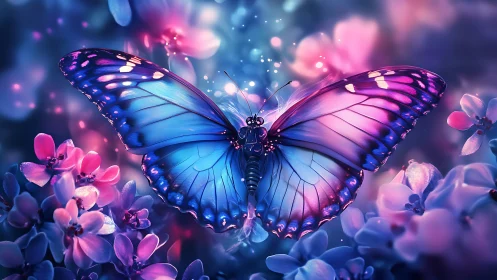 Iridescent blue butterfly in dreamy neon floral glow.