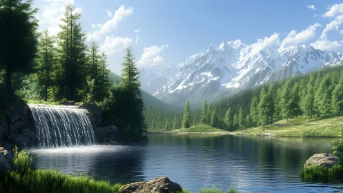 High-resolution alpine lake with cascading waterfall and pine forest