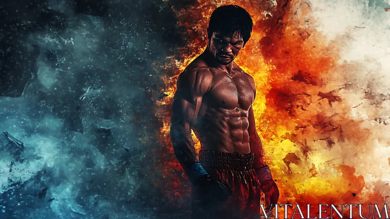 Muscular boxer framed by dual-toned fire and ice textures