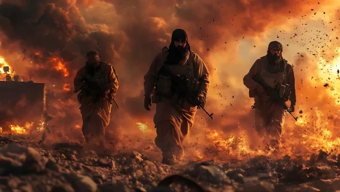 Three armed figures advance through dense fire and smoke