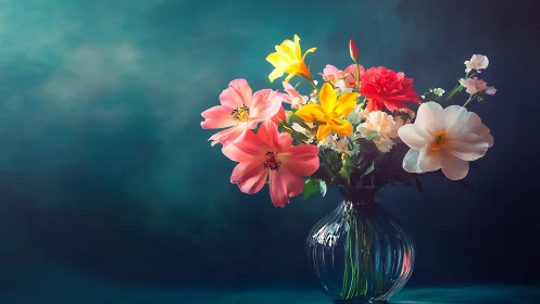 Chromatic Floral Arrangement in Transparent Spherical Vessel.