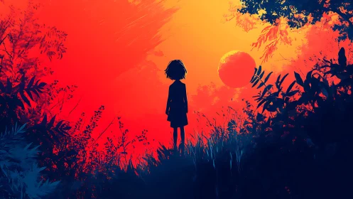 Young dreamer watches a blazing orange sunset in quiet wonder