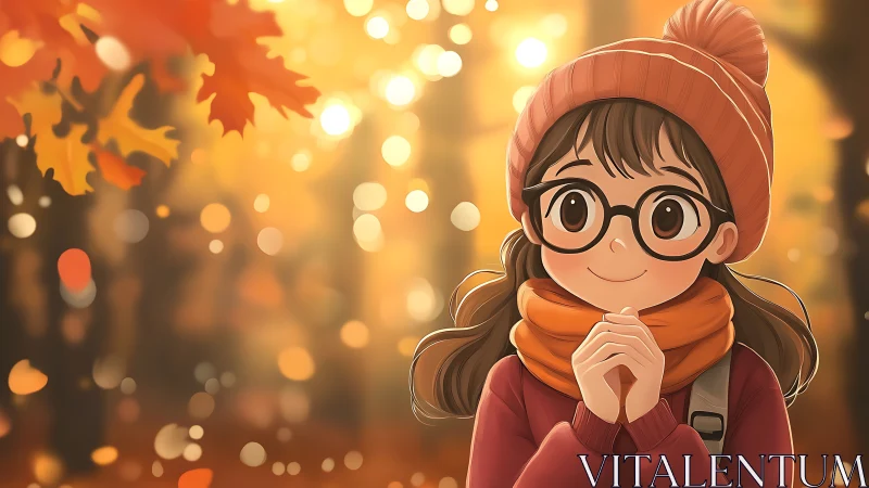 Girl in autumn forest with bokeh light and warm clothing.