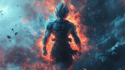 Fiery blue-haired warrior emerges through confluent storm clouds