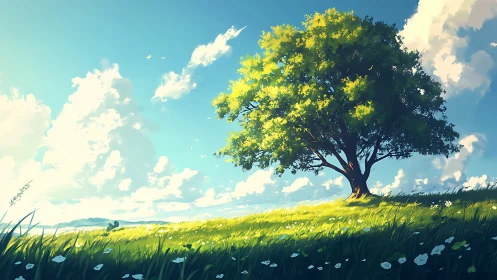 Sunlit hilltop guardian tree under roaming summer clouds.