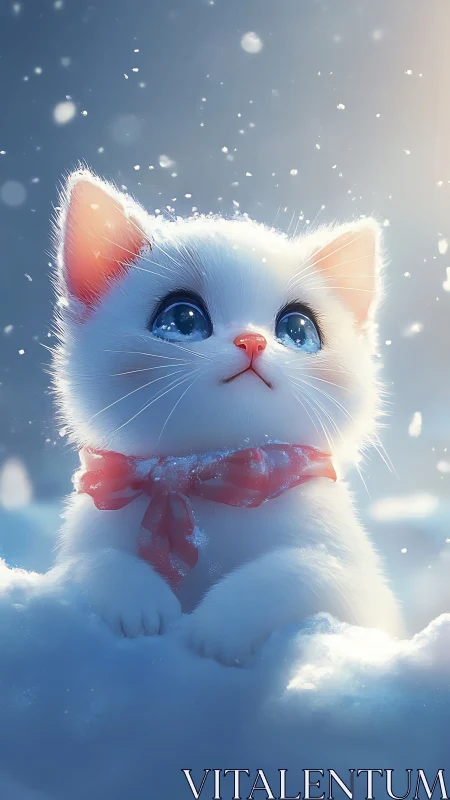 Snowy White Kitten Amid Winter Bokeh. Celestial Eyes.