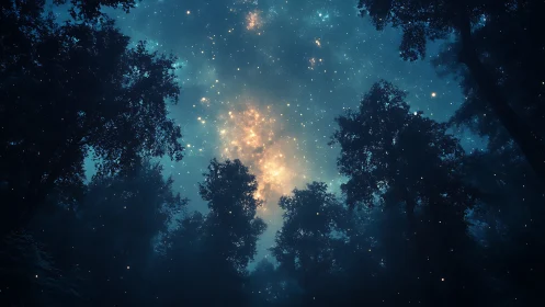 Nocturnal Forest Canopy with Celestial Radiance and Starlit Sky