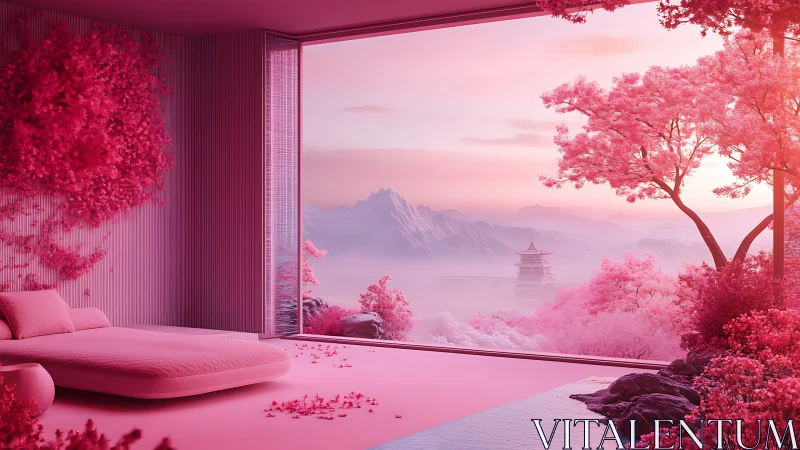Blush horizon retreat with sakura dreams and misty pagoda.