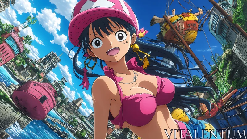 Vibrant anime sailor girl in tropical harbor environment.