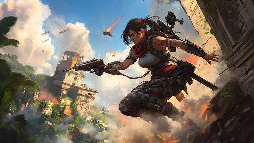 Heavily armed raider leaps from ruins amid aerial bombardment