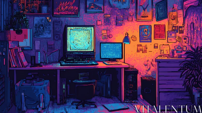 Neon-lit retro workstation with glitching dual display array.