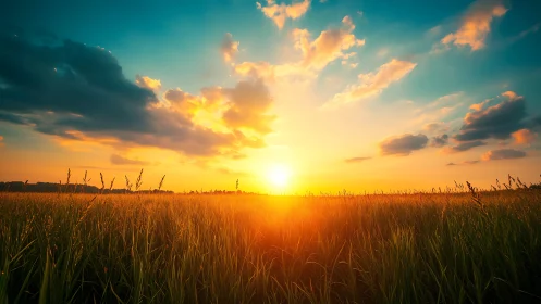 Sunset over flat grassland with clouded sky horizon line.