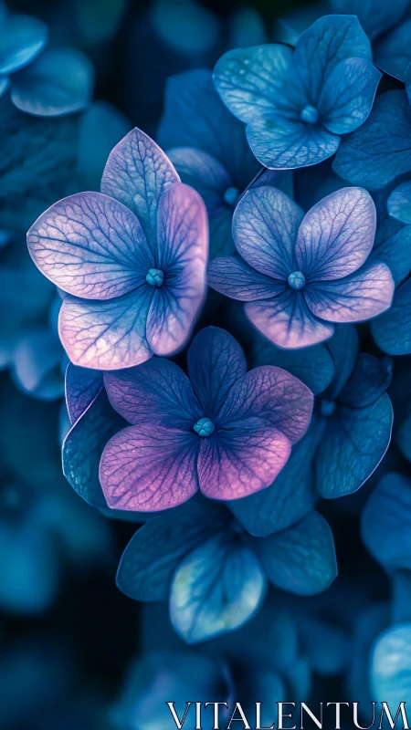 Blue Hydrangea Blooms with Pink Accents. Close-up Study.