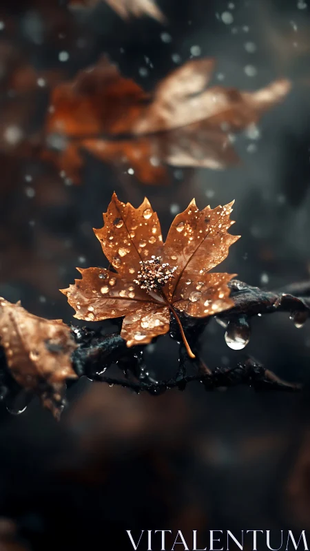 Macro analysis of rain-soaked maple leaf on dark branch.