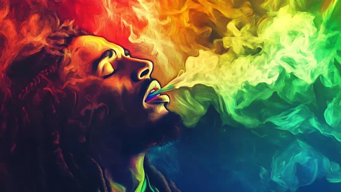 Profile portrait with multicolor smoke and fluid light patterns.