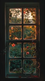 Old window framed by climbing roses at warm sunset light.
