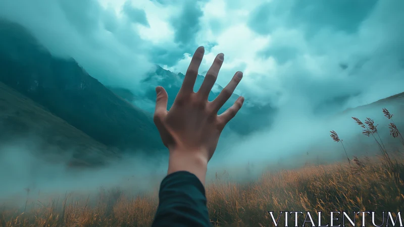 Hand reaches toward misty turquoise mountain valley sky
