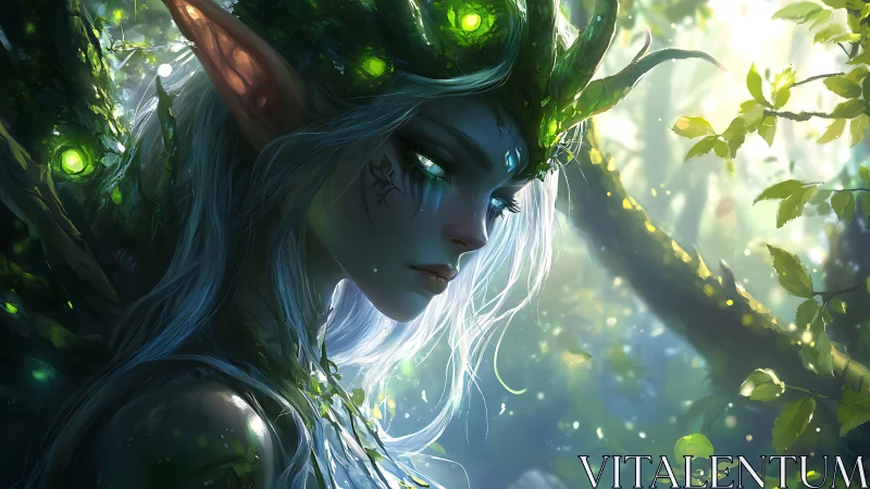 Forest elf portrait in luminous foliage with bioluminescent nodes
