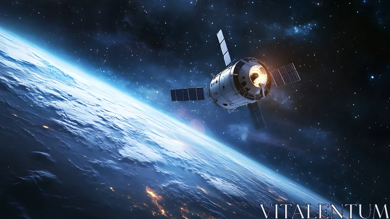 Satellite orbiting Earth above clouds and glowing horizon.